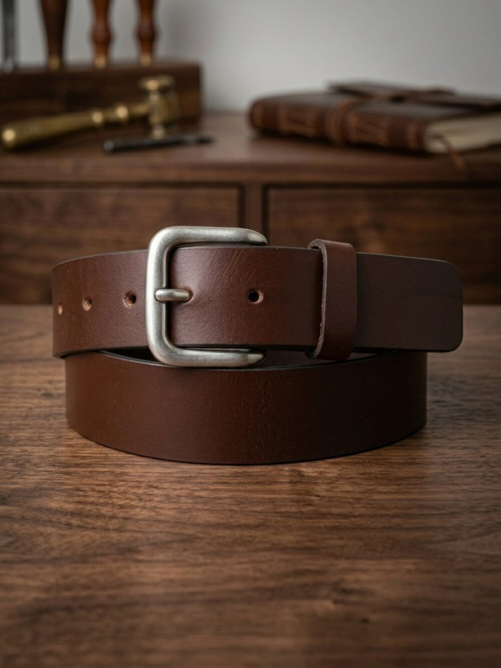 Men Genuine Leather Jeans Belt with Silver Buckle